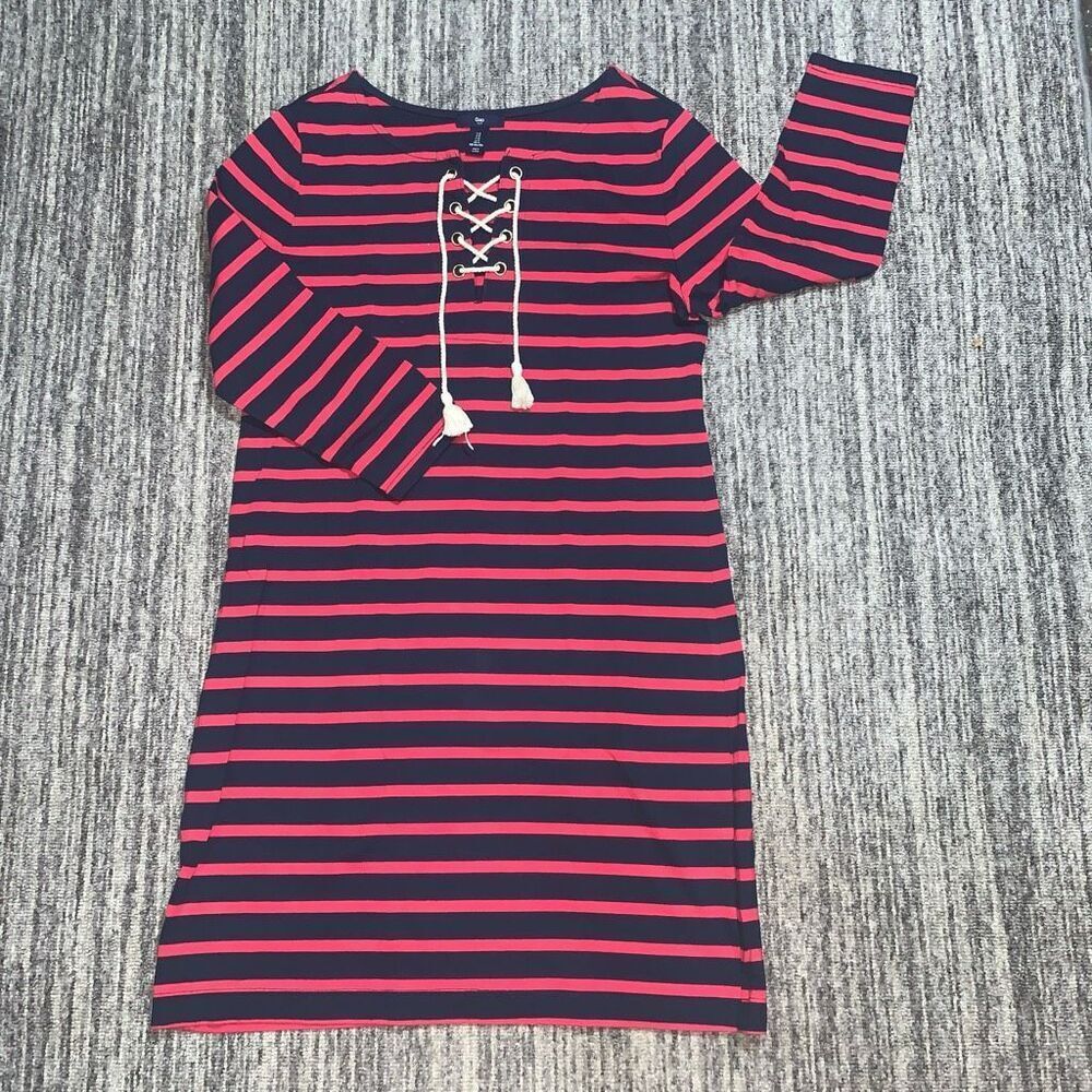 Gap Womens Sz Small Lace Up Front‎ Long Sleeve Mini Dress Red Blue Stripe Cotton